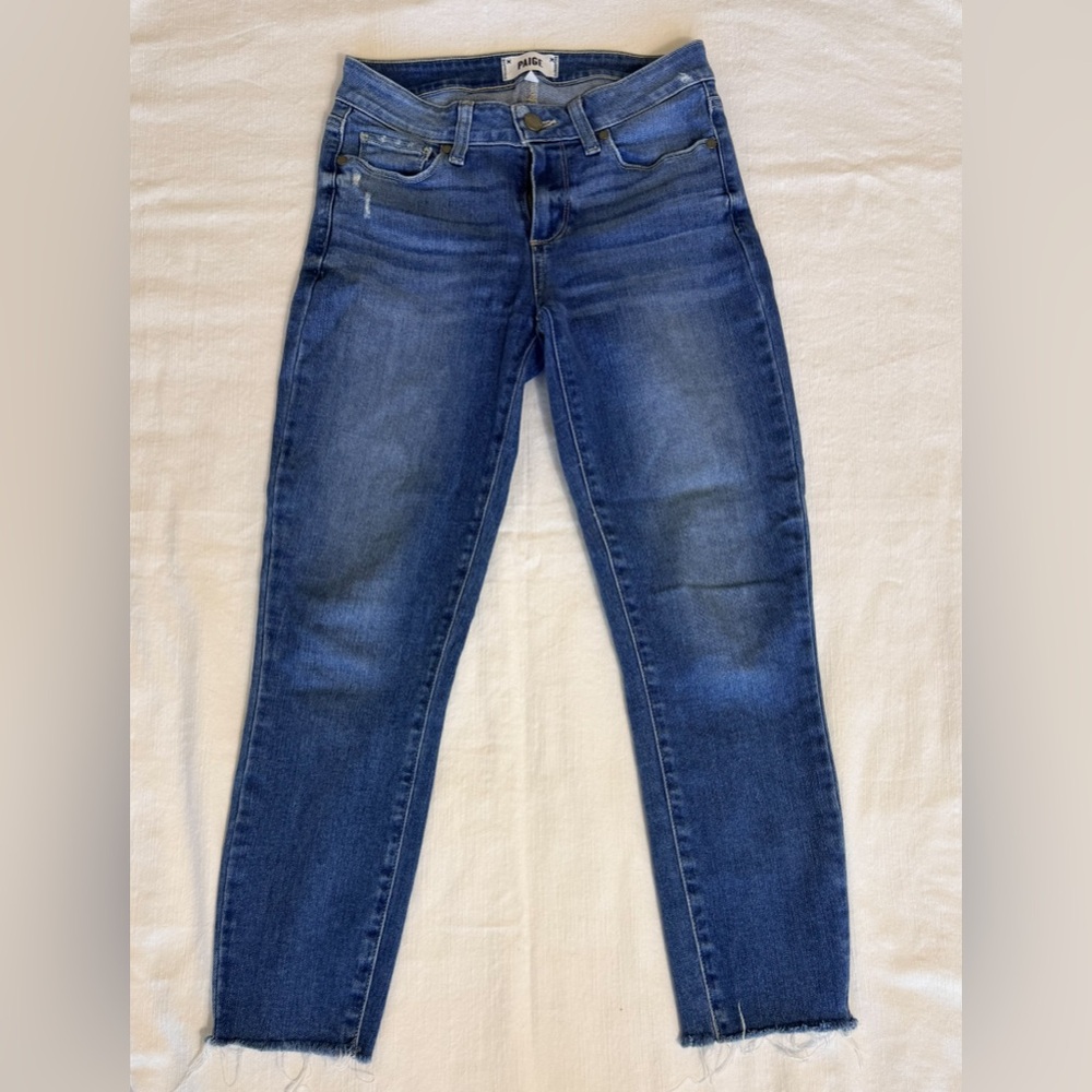 PAIGE Denim Blue Skinny Jeans Women’s 27 Raw Hem Stretch Mid Rise